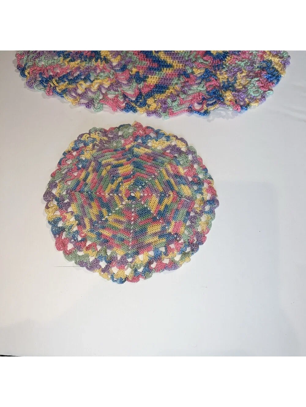 Set Of 2 Pastel Doilies.  7” And 13 1/2”